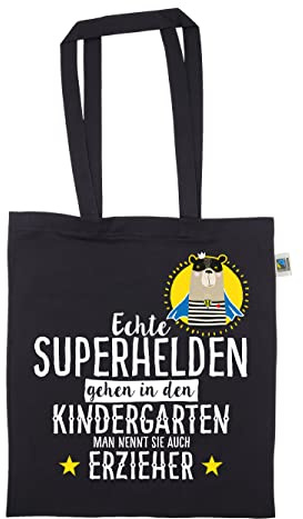 clothinx Erzieher Stoffbeutel mit Spruch - Echte Superhelden gehen in den Kindergarten man nennt sie auch Erzieher - Geschenk Abschied - Bio & Fair Baumwolle lange Henkel