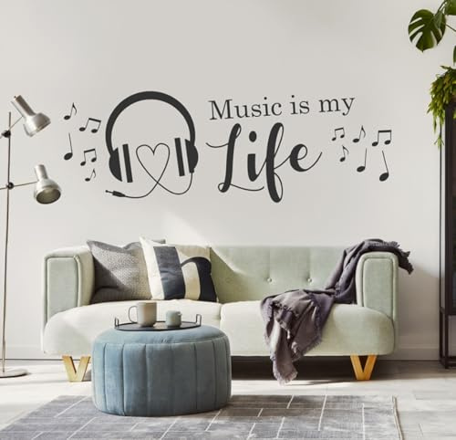 tjapalo® Musik Deko Wandspruch Wandtattoo Wohnzimmer Sprüche Musikspruch Jugendzimmer Musik ist mein Leben Wandtattoo Music is my Life, Größe: B58xH20cm, Farbe: schwarz