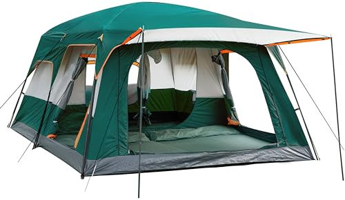 KTT Extra Large Tent 10-12 Person(B),Family Cabin Tents,2 Rooms,3 Doors and 3 Windows with Mesh,Straight Wall,Waterproof,Double Layer,Big Tent for Outdoor,Picnic,Camping,Family Gathering(Green)