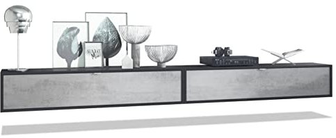 Vladon 2er-Set TV Board Lana 140, Made in Germany, Lowboards je 140 x 29 x 37 cm mit viel Stauraum, Korpus in Schwarz matt, Fronten in Beton Oxid Optik | Große Farbauswahl