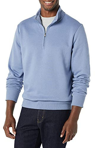 Amazon Essentials Felpa in Pile A Maniche Lunghe con Zip Corta Uomo, Blu, L