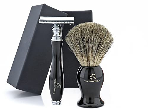 Haryali London, Kit da barba da uomo in 2 pezzi, include rasoio di sicurezza a doppia lama nero e pennello da barba in pelo sintetico di tasso, il regalo perfetto per ogni gentiluomo.