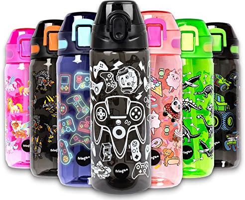 Fringoo Kinder-Trinkflasche mit Strohhalm und Klappverschluss, 600 ml, 100 % auslaufsicher, BPA-frei, 600 ml, Kinder-Wasserflasche für die Schule, Game On