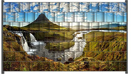 Wallario Zaun Sichtschutz Windschutz für EIN- und Doppelstabmattenzäune in der Größe Breite 2,50m x Höhe 1,40m, Motiv: Island Panorama Fluss Berge und Blauer Himmel
