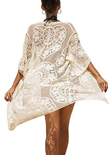 Skrsila Dam kimono cardigan strand sommar lång pareos strandklänningar spets sexig boho strandponcho 3/4 ärm strandkläder bikini täcka upp, Beige, En Storlek