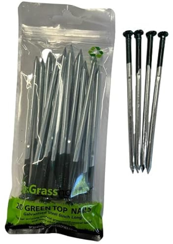 Grasshopper (x20) 6'' Heavy Duty Artificial Grass Nails, Green Top & Round Head Steel Nails, Ideal for Artificial Grass Installations, Trade & DIY Friendly, Green & Metalic