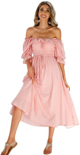 R.Vivimos Women's Polka Dot Slim Half Sleeve Puff Flare Sleeve Square Neck Tie Long Midi Dress(Large,Pink#2)