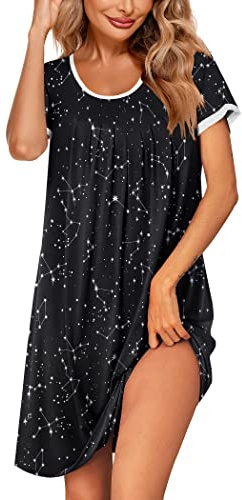 Ekouaer Womens Plus Size Nightshirts Cotton Nightwear Sleep Shirt Dress Casual Sleepwear Starry Sky Black S