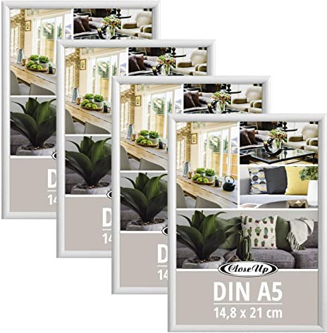 Close Up Bilderrahmen 4er Set DIN A5 (14,8 x 21 cm) | Kunststoff weiß mit Rückwand und Aufsteller | PVC-Scheibe (unzerbrechlich) Profilbreite 12 mm