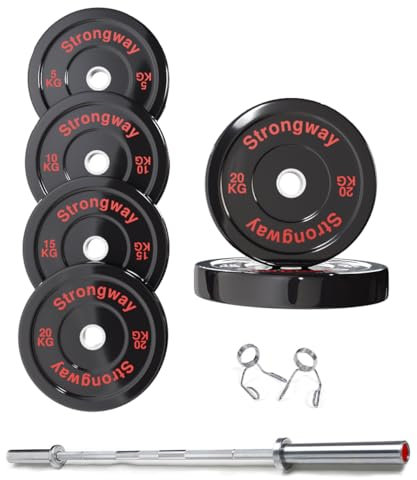 Strongway® Olympic 50KG 70KG 100KG Bumper Weight Plates Sets with 6FT 7FT Barbell - 2 Inch (2) / 50mm Hole - Rubber Coated Cast Iron Weight Lifting Bar (100KG SET + 6FT BAR)