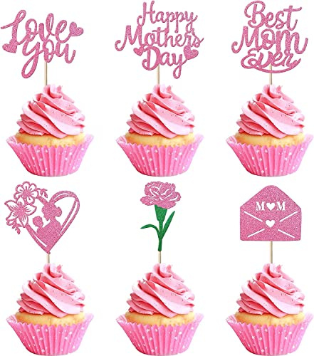24 Stück Happy Mother's Day Tortendeko Glitzer Rose Briefkasten Love You Mom Kuchen Dekoendeko Cupcake Toppers Best Mom Torten Dekorationen für Muttertag Partyzubehör Rosa