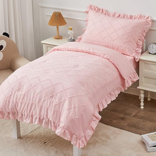 4-teiliges Boho-Bettwäsche-Set für Mädchen, getuftetes Kleinkind-Bettwäsche-Set für Mädchen, rosa Rüschen-Bettwäsche-Set, weiche Jacquard-Stickerei, Kinderbettwäsche, Tröster-Set für Baby, inklusive