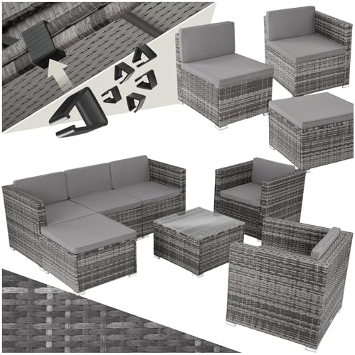tectake® Poly Rattan Lounge, Outdoor Sitzgruppe, Set mit Sofa, 2 Sesseln, Hocker, Tisch, frei kombinierbar, Gartenmöbel für 5-6 Personen, für Garten Terrasse Balkon, inkl. Polster - grau