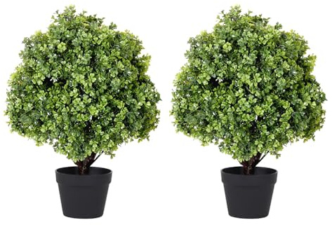 24 Faux Boxwood Plants Outdoor, Artificial Topiary Ball Trees Set of 2, UV Resistant Fake Potted Evergreen Realistic Greenery Bushes Shrubs for Outside Front Porch Planter Patio Indoor Decor 2ft Tall