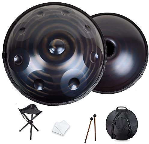 440 Hz Handpan Steel Drums, 9 Noten 22 Zoll Steel Hand Drum, Handpan Drum Instrument in D-Moll mit Hand Pan Bag, Mallet, Handpan Stand, B