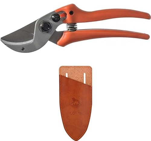 Original LÖWE Set bestehend aus Gartenschere 15.107 mit Bypass Geometrie für hartes Holz wie Linde, Fichte, Lärche & Klingenschutz und Holster 9808 zum Schutz beim Tragen am Körper vor Verletzungen