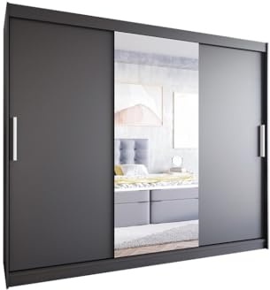 Easy4You L1 250 cm Schwarz Schiebetüren Kleiderschrank 250x215x58 cm mit Spiegel - Schlafzimmermöbel, Aufbewahrung - Mehrzweckschrank