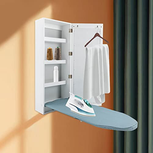 Gabinete para Tabla de Planchar, gabinete de Almacenamiento montado en la Pared, Plegable con Espejo, 37.5 * 14 * 6.89 Pulgadas (Largo * Alto * Ancho), Blanco