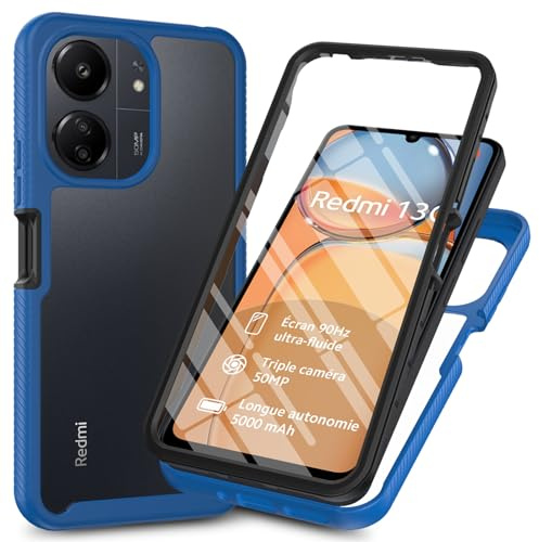 RonRun Funda para Xiaomi Redmi 13C/Poco C65 con Protector de Pantalla Incorporado, Protección de 360 ° Anti Choque Transparente Carcasa Compatible con Xiaomi Redmi 13C/Poco C65 Azul