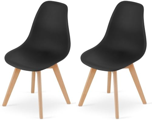 NMK HOME Esszimmerstuhl Kunststoff Holzbeine Schwarz 2 Stück | Ergonomisch, Stabilität, Küchenstuhl, Esszimmermöbel, Büro, Schalenstuhl