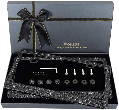OKLPF Bling License Plate Frame for Women, 2PCS Sparkly License Plate Frames| Over 1200 pcs14 Facets Bedazzled Clear Glass Diamond Rhinestone Crystals w/Free Glitter Diamond Box (Black)