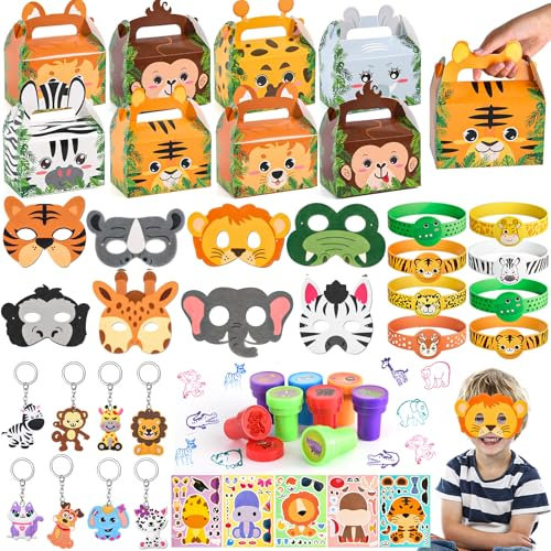 98Stk. Dschungel Mitgebsel Kindergeburtstag Gastgeschenke mit Filz Tiermasken Schlüsselanhänger Silikonarmband Stempel Aufkleber Tattoos Tiere Geschenktüten Safari Geburtstag Give Aways Junge