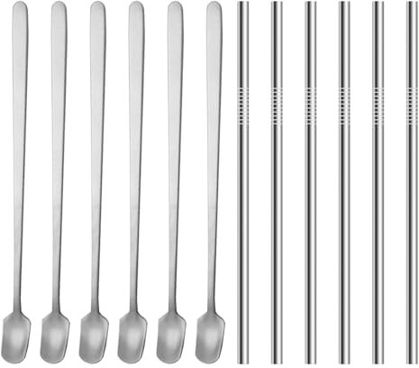 6 Stück Dessertspatel, 6 Stück Edelstahlstrohhalme, Mini-Quadratlöffel, Honigkaffee-Rührlöffel, Löffel Mit Langem Griff, Teelöffel, Eislöffel, Medizinpulverlöffel
