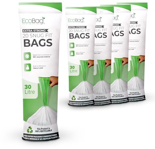 EcoBag - White Kitchen Drawstring Bin Liner - 30L - 25 Microns - Heavy Duty, Extra Strong, Eco-Friendly, Tear Resistant, Clear Recycling Bags (465 x 750mm) (100 Pack, 30L)
