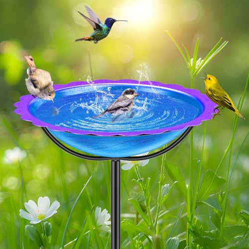 KHayRovies Vogeltränke stehend für Außen, Metall Vogelbad Vogelfutterspender Ständer mit 4 Zinken Basis Pfahl, Wasserschale Vogel Bad Vogelfutterstelle Futterstelle für Wildvögel Garten (Blau-Lila)