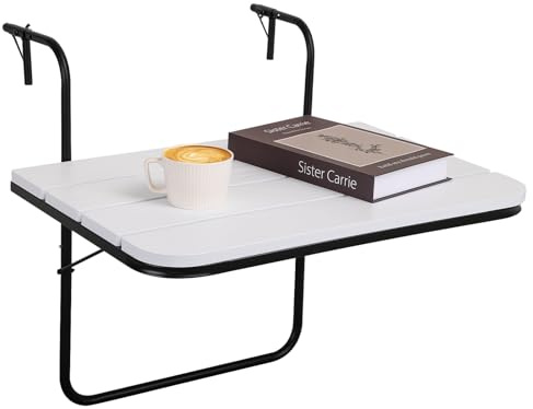 FEUFOAM Balkongbord utomhus, hopfällbart hängande räckbord, vitt trä bar serveringsbord med metallram, justerbart terrassbord, kompatibelt med många räcke