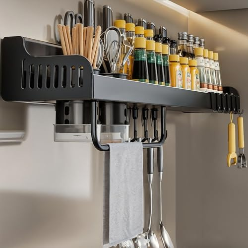 acfeco Gewürzregal Wand, Küchenregal Hängend Ohne Bohren, Gewürzregale Metall Wand mit 10 Haken, Gewürz Regal für Gewürze Flasche Messer Essstäbchen Löffel (2 Besteckkorb)