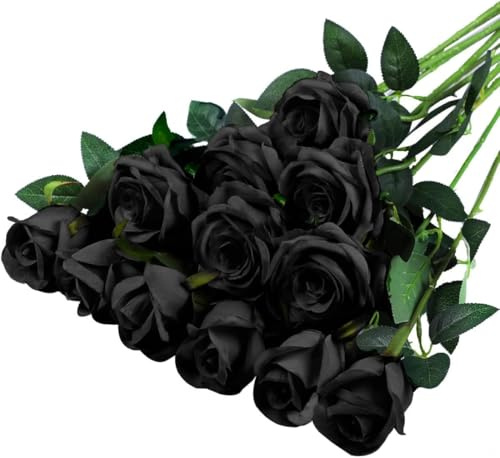 JAONLD Artificial Roses 12 Pcs Realistic Fake Roses 20 Inch Silk Flowers Bridal Bouquets with Single Long Plastic Stem for Wedding Home Birthday Party Arrangement Garden Decoration (Black)