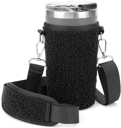 Linkidea Trinkbecher mit Gurt, kompatibel mit IRON °FLASK Grip Kaffeebecher, 473 ml, Polarfleece-Becherhalter mit Schultergurt, Schwarz