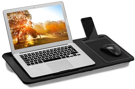 Relaxdays Cojín Portátil con Alfombrilla Ratón, Bandeja Ordenador, Mousepad, 5,5x58x30,5 cm, Cama o Sofá, con Asa, Negro, Tablero de Fibras, Lino, Gomaespuma