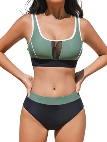 CUPSHE Bikini set för kvinnor, U-urringning, hög midja, färgblock, mesh, kontrasterande passpoal, tvådelad baddräkt, badmode, Salvia-grön/marinblå, M