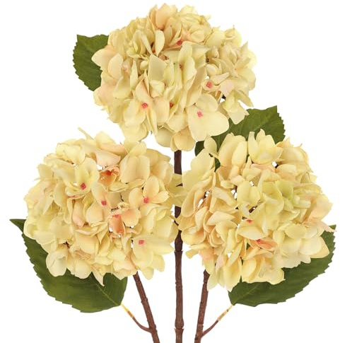 Hollyone Paquete de 3 hortensias artificiales, tallos de hortensias falsos de color amarillo pálido con flores grandes de 6 pulgadas, flores de seda de tallo largo para arreglos florales, jarrón alto