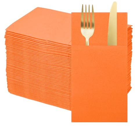 sourcing map 50 Pcs Disposable Linen Feel Napkins with Built-in Flatware Pockets, Paper Dinner Napkins for Knife and Forks, Hand Towels for Wedding Party Orange