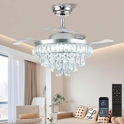 Crystal Ceiling Fans with Lights and Remote Dimmable Chandelier Ceiling Fan with Lamps Bladeless Modern Ceiling Fan for Bedroom Living Room Dining Room with 3 Color Change Reversible and 6 Speeds