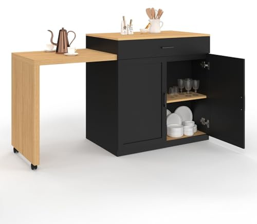 IDMarket – Ilot central VITO 94-155 cm madera negra con mesa de comedor extensible integrada en forma de haya