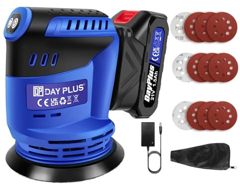 Ponceuse Excentrique Sans Fil 21V - Ø125mm - 3 Vitesses (7000-11000 OPM) - Avec 12 Disques Abrasifs & Batterie 1.5Ah - Pour Bois/Peinture/Métal/Polissage