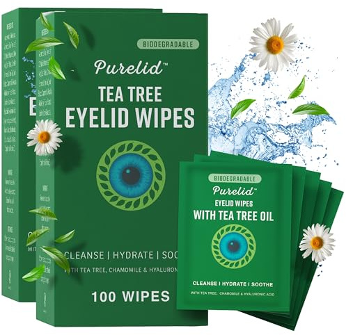 PURELID Tea Tree Eyelid Wipes – 100 Tea Tree Oil Eye Wipes for People with Dry Eyes & Allergies – Gentle Eyelid Cleanser with Hyaluronic Acid – Individually Wrapped & Biodegradable - 2 Pack