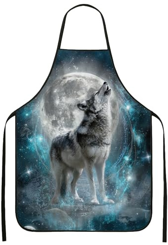 Delantal de lobo para cocinar, delantal de cocina con diseño de luz de luna mística, perfecto para barbacoas, parrillas y trabajos de chef, Azul, 24x31 Inch