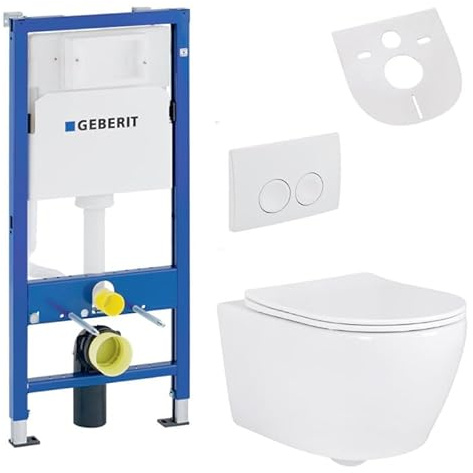 Belvit Hänge WC Komplettset + Duofix Basic Vorwandelement + Spülrandloses Wand Toilette Weiß aus Keramik + Toilettendeckel mit Absenkautomatik + Betätigungsplatte + Schallschutz
