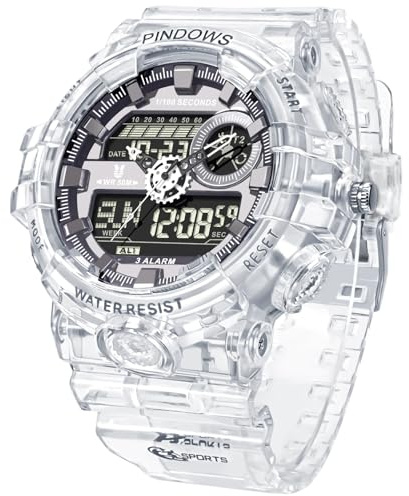 PINDOWS Relojes para hombre, luz LED, reloj deportivo grande digital analógico de doble hora, multifuncional, reloj de pulsera militar, 3 alarmas, cronómetro de cuenta regresiva, G603N8: blanco