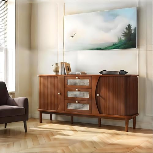 LANTRO JS Kommode Braun 140cm Breit, Sideboard Wohnzimmer, Sideboard Holz Rattan Kommode Vintage mit Schubladen Einlegeböden, Braun