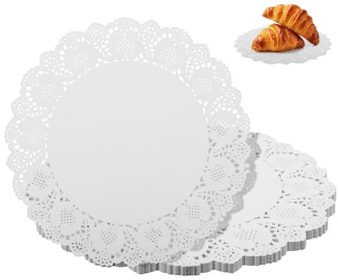 comfoyar 100 Pezzi Tovagliette Americane Rotondo Bianco, Centrini di Carta Pizzo Monouso, Tovagliette Americane per Torte Dessert Cucina Matrimonio Feste, Decorazione Per Tavola, 34x34 cm