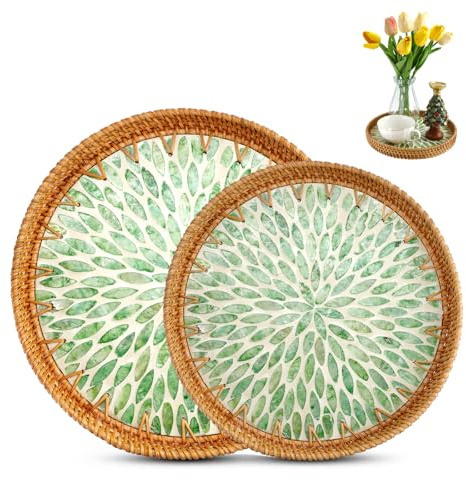 OT-NVWOZR 2 Stück Rund Rattan Serviertablet mit Perlmutt Inlay, Boho Deko Tablett Dekotablett Handgewebter Dekoratives Ottomane für Getränke Frühstück Tee Kerzen Desserts (30cm,24cm)