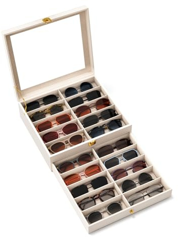 sensok Sunglasses Organizer Storage Box - 20 Slots Eyeglass Display Case for Multiple Pair Glasses, 2-Layer Holder with Clear Glass Lid, Jewelry and Watch Collection Box for Women and Men, Beige White