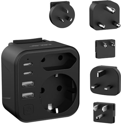 JSVER Enchufe de Viaje Universal,Adaptador de Enchufe Universal con 5 Enchufes Reemplazables Tipo A/B/G/I/M. Cargador con 2 Enchufes de CA y 4 USB para Reino Unido, Japón,Sudáfrica, AUS(Negro)