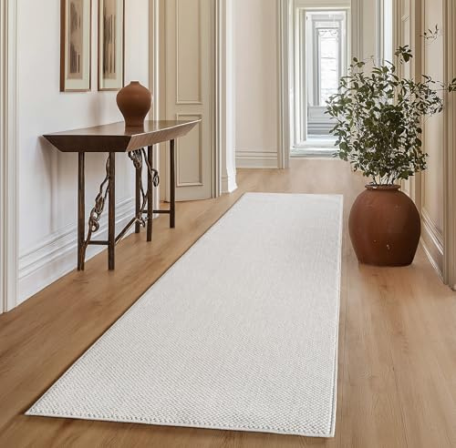 SIMPEX Teppich Läufer 60x110 cm Creme Einfarbig Bouclé Schlingenflor Skandi Stil Superweich Robust Pflegeleicht Moderner Flurteppich für Eingangsbereich Schlafzimmer Küche